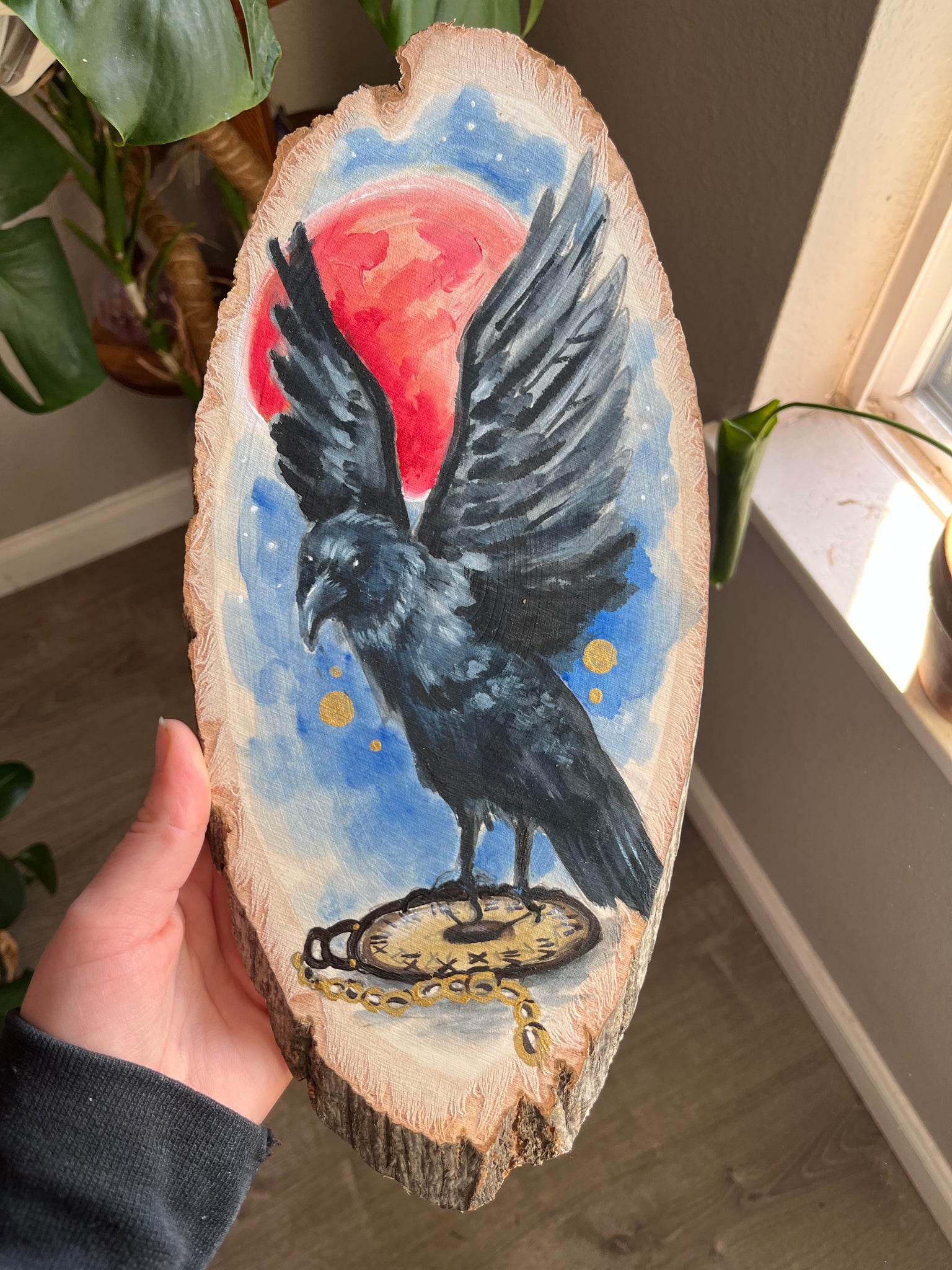 Chronos Hand Painted Original - Crow on Pocket Watch Fantasy Art- Koiativity