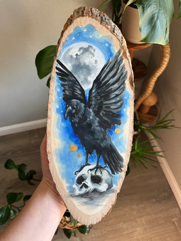 Seeker Hand Painted Original - Crow on Skull & halloween Art - Koiativity