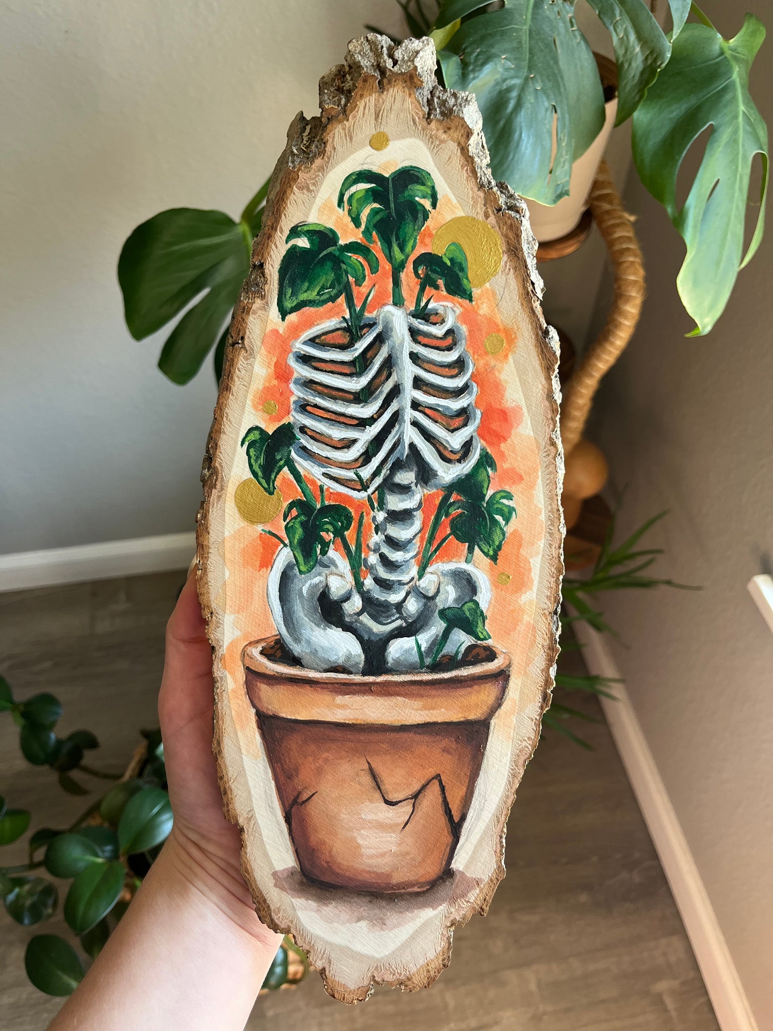 Decompose Hand Painted Original - Skeleton & Monstera Plant Halloween Art - Koiativity