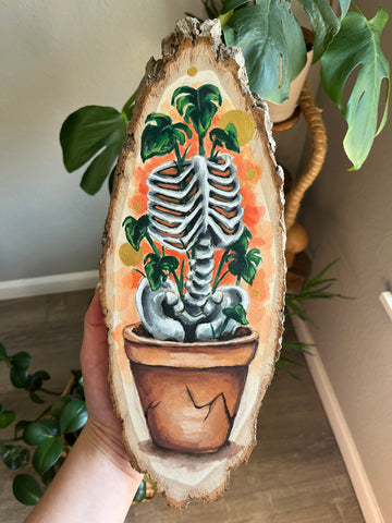 Decompose Hand Painted Original - Skeleton & Monstera Plant Halloween Art - Koiativity